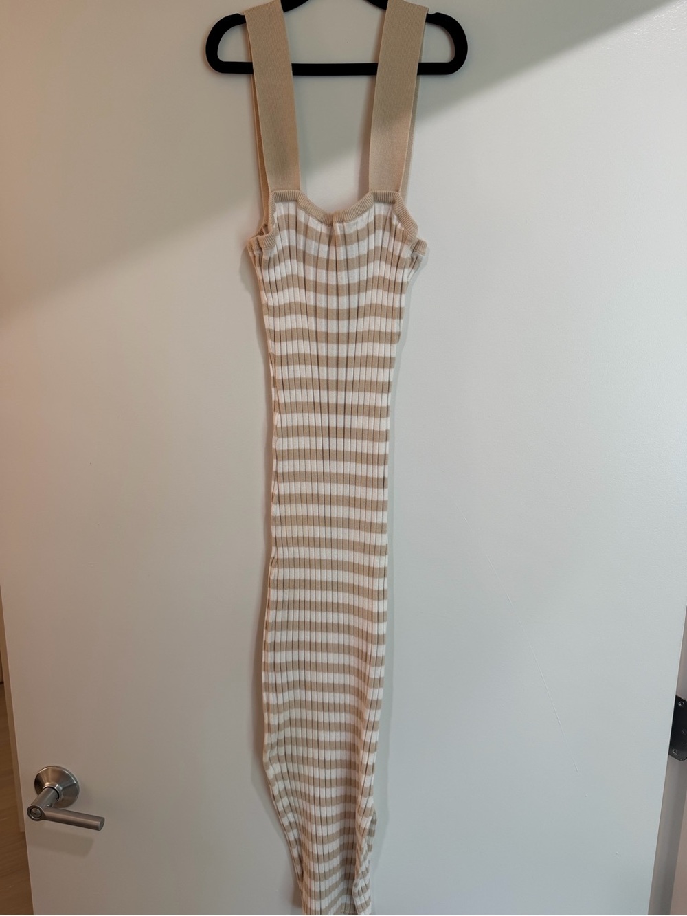 Beige and White Striped Knit Tank Midi Dress